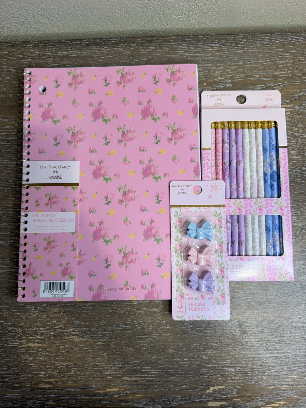 LoveShackFancy Yoobi Pink Floral Notebook & Pencil Set Bow Eraser Toppers